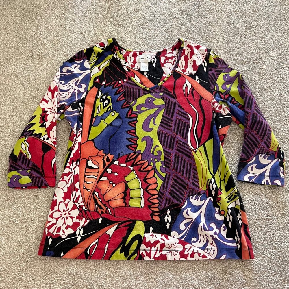 Vintage y2k Retro Colorful Abstract Stretchy V-neck Top with 3/4 Sleeves - Picture 5 of 9